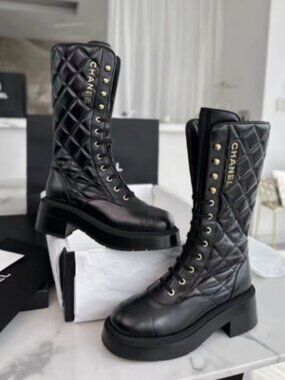 Chanel Quilted CHANEL Logo Knee-High Combat Boots Black Leather